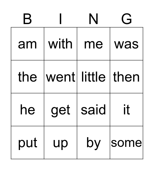 Sight Words Bingo Card
