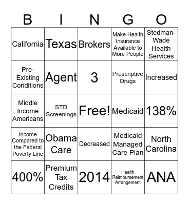 Affortable Care Act Bingo Card