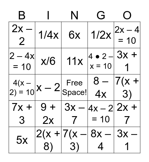 Writing Expressions & Equations Bingo Card