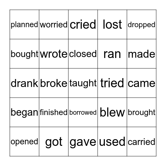 Past Tense Bingo Card