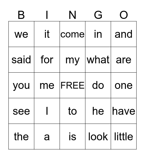 Kindergarten High Frequency Words Bingo Card