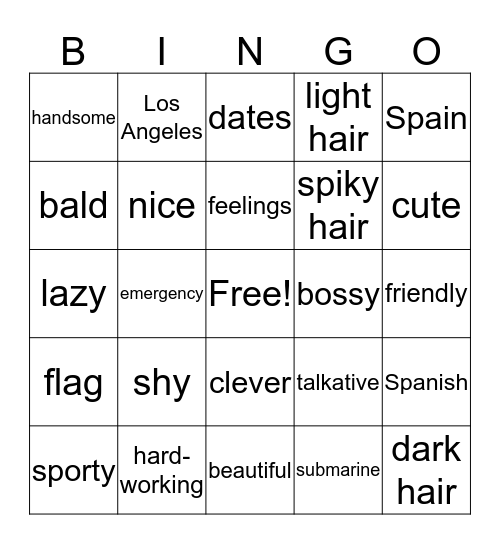 Friends Vocabulary Bingo Card