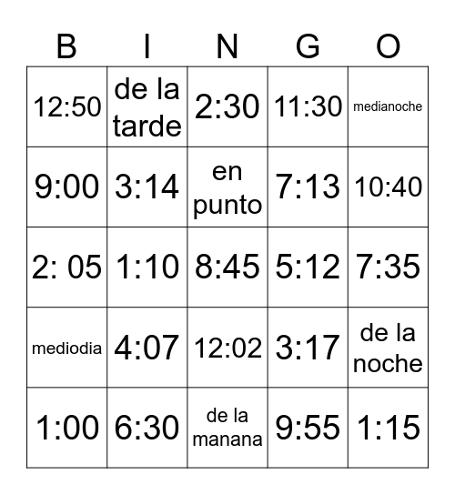 Telling time Bingo Card