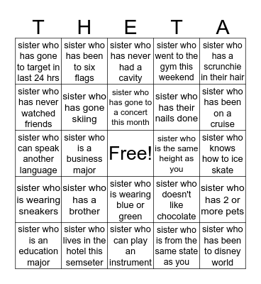 THETA BINGO!  Bingo Card