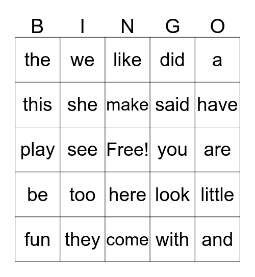 Sight Words Bingo Card