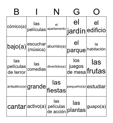 Spanish 1 Topic 1 & 2 Vocab Bingo Card