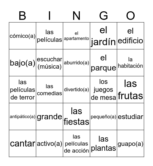 Spanish 1 Topic 1 & 2 Vocab Bingo Card