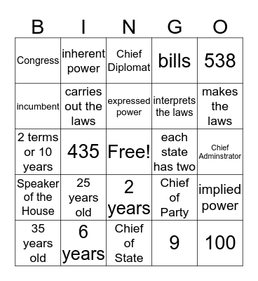 The Three Branches of Government Bingo Card
