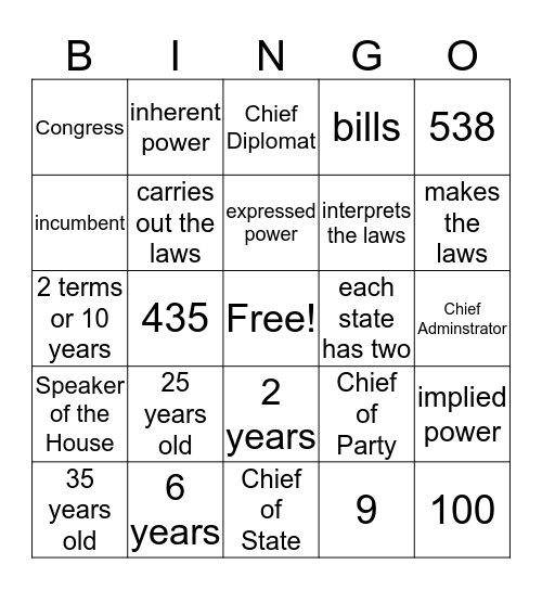 The Three Branches of Government Bingo Card