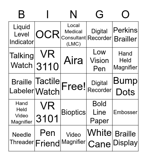 VR  Support Services  Bingo Card