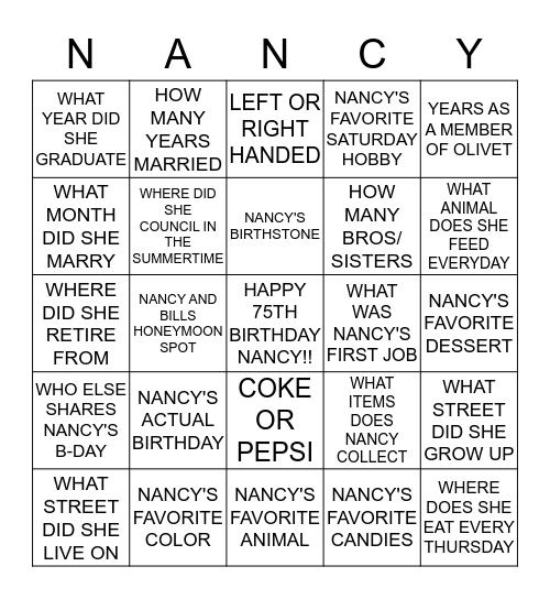NANCY'S BIRTHDAY BINGO!!!! Bingo Card
