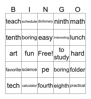 school Bingo Card