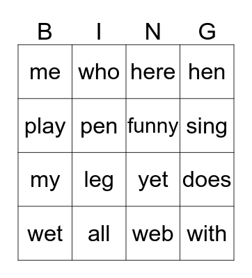 Sight Words Week 5 Bingo Card