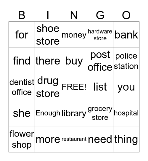 Stores and Businesses Bingo Card
