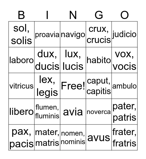 Latin Vocabulary Wk 5 Bingo Card