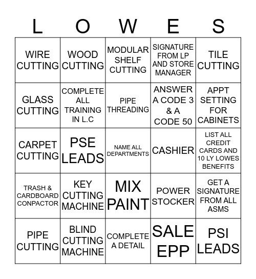 LOWE'S BINGO TRAINING  Bingo Card