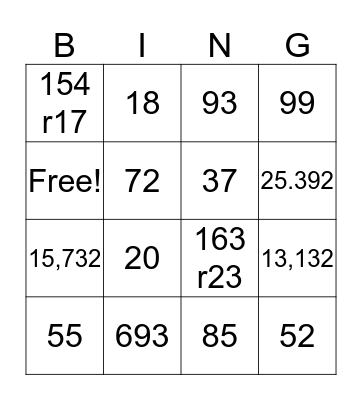 Multiplication/Division/Order of Operations Bingo Card