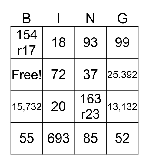 Multiplication/Division/Order of Operations Bingo Card