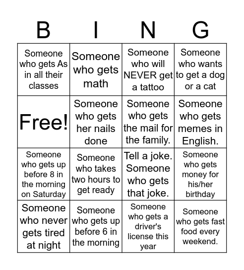 "Get" Bingo Card