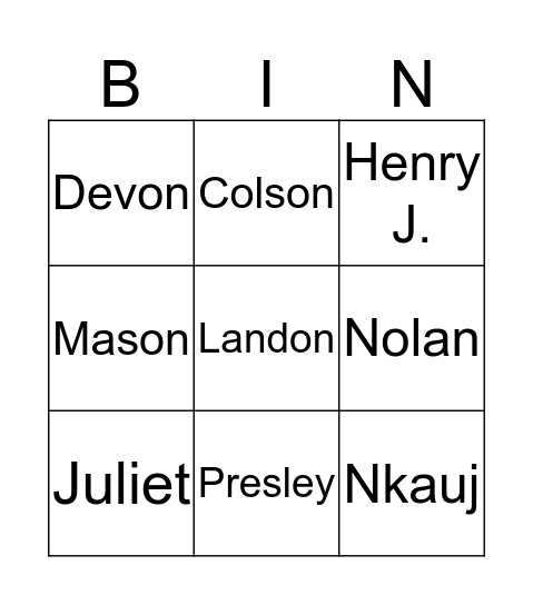Name Bingo Card