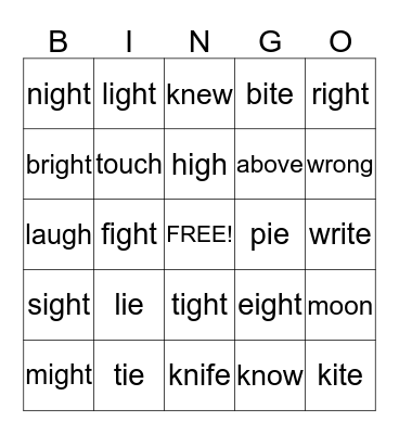 Spelling/High Frequency Bingo Card