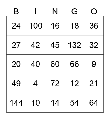 Multiplication Bingo Card