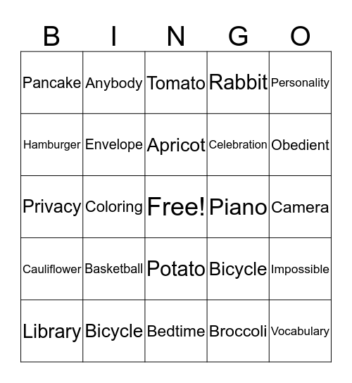 Bilabial Bingo Card