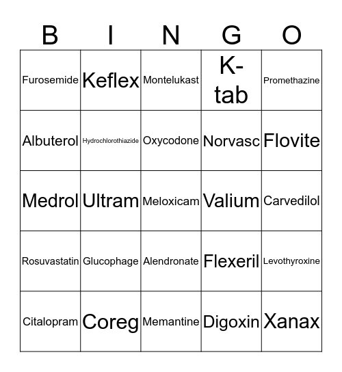 Brand/Generic  Bingo Card