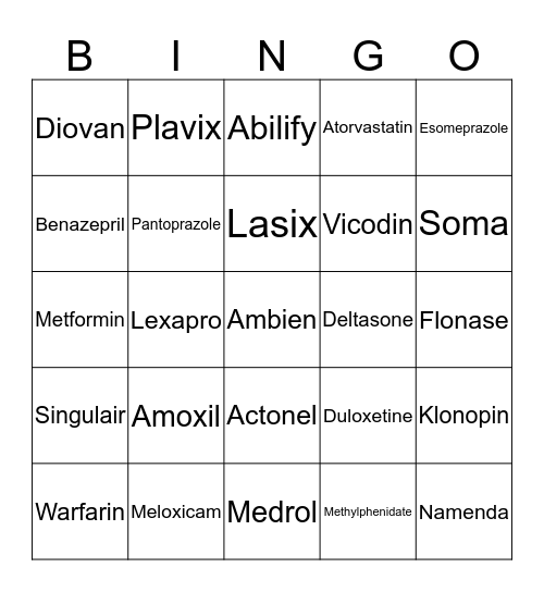 Brand/Generic  Bingo Card