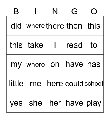 Sight Words Bingo Card