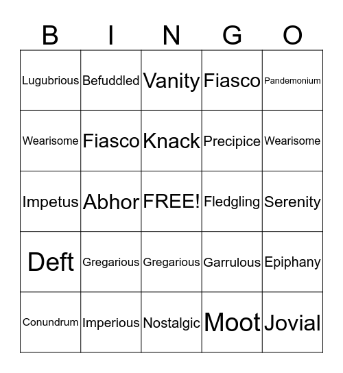 Vocabulary Bingo Card