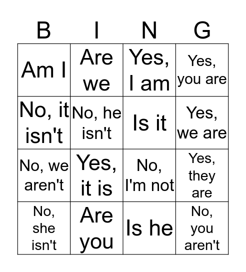 To Be Present Tense Bingo Card