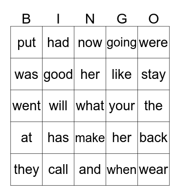 Sight Words Bingo Card