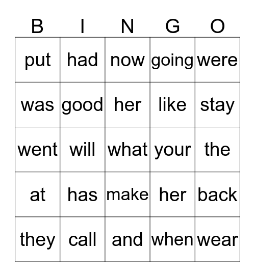 Sight Words Bingo Card