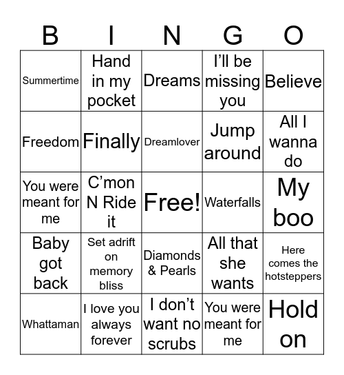 90’s Music Bingo Card