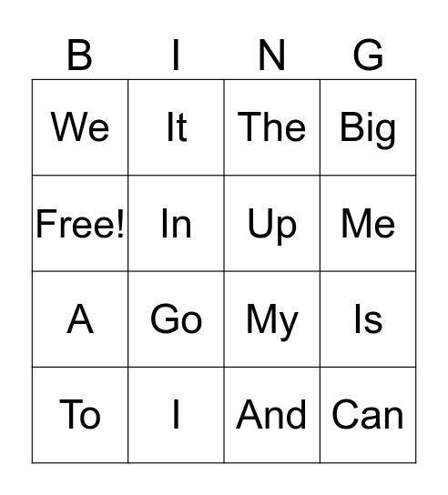 Sight Word Bingo Card