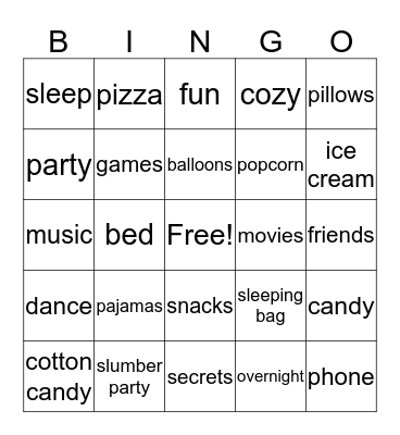 Sleepover Bingo  Bingo Card