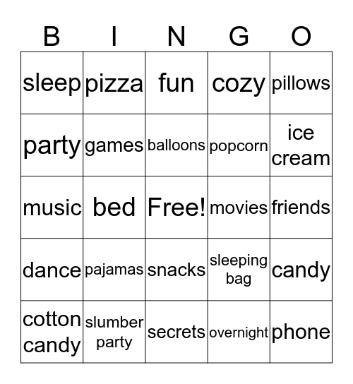 Sleepover Bingo  Bingo Card