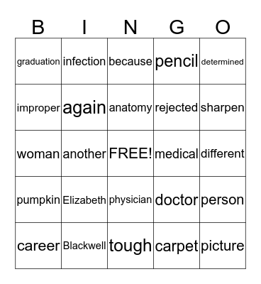 Elizabeth Blackwell / Spelling Bingo Card