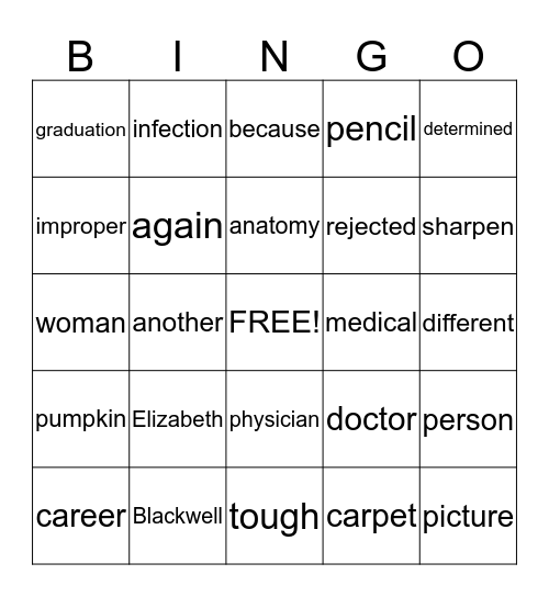Elizabeth Blackwell / Spelling Bingo Card