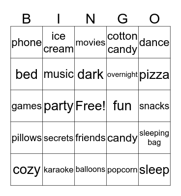 Sleepover Bingo Card