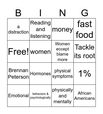 Gender and Stress Bingo Card