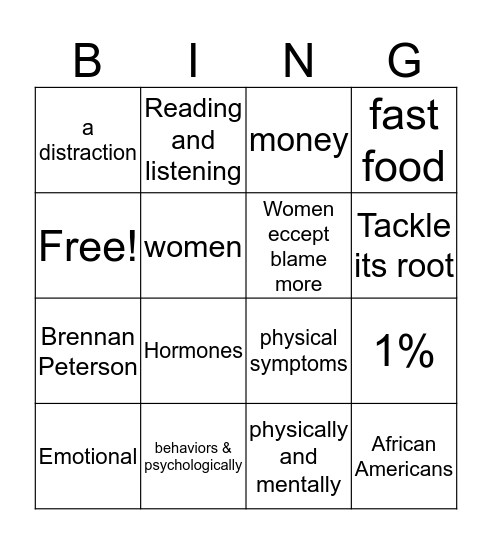 Gender and Stress Bingo Card