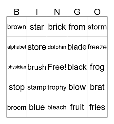 Consonant ST, BL, BR, PH, FR Digraphs Bingo Card