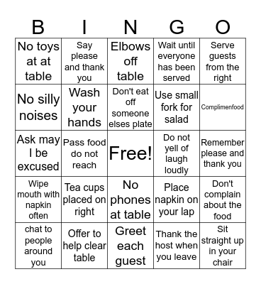 Manners Bingo Card