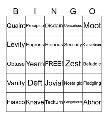 Vocabulary Bingo Card