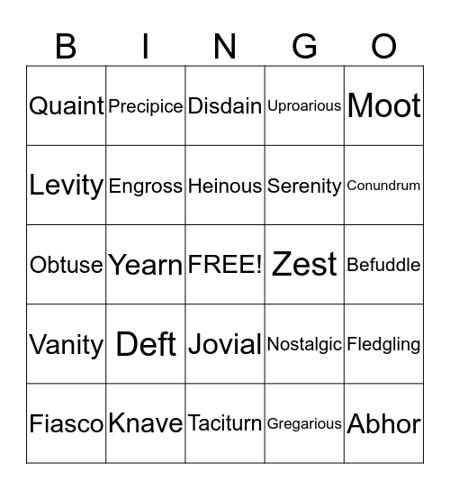 Vocabulary Bingo Card