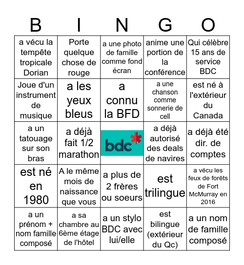 Trouver un collègue qui.... Bingo Card