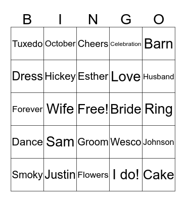 Sams Bridal Bingo Card