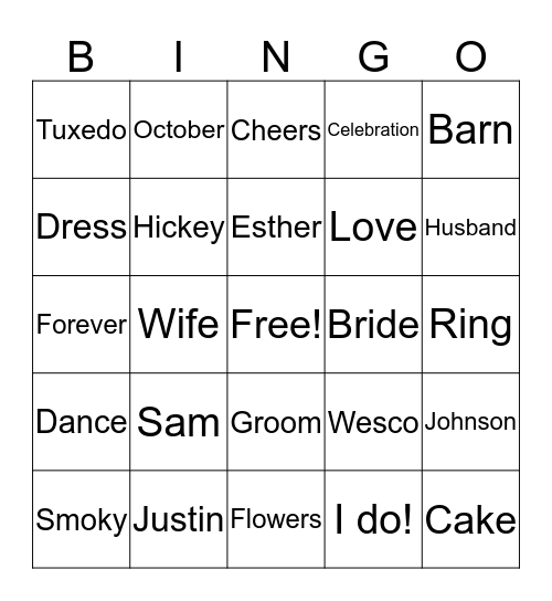 Sams Bridal Bingo Card